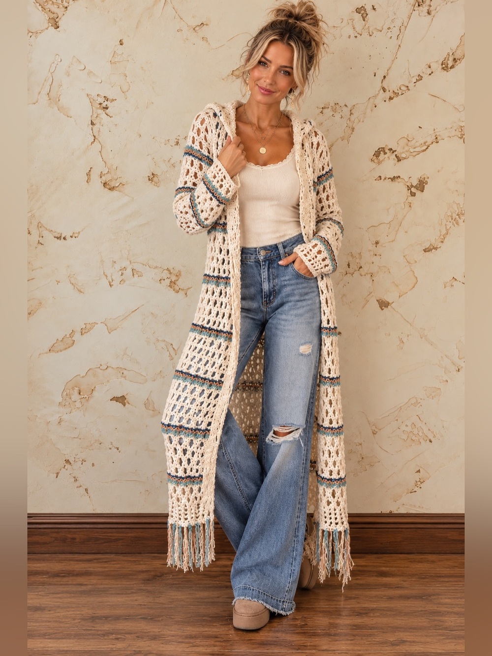 Free People Cream Crochet Hooded Maxi Cardigan with Blue Tan Stripes XS